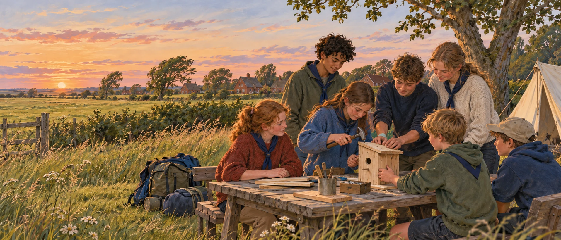 Symbolillustration: Jugendliche bauen gemeinsam einen Nistkasten auf einer friesischen Wiese